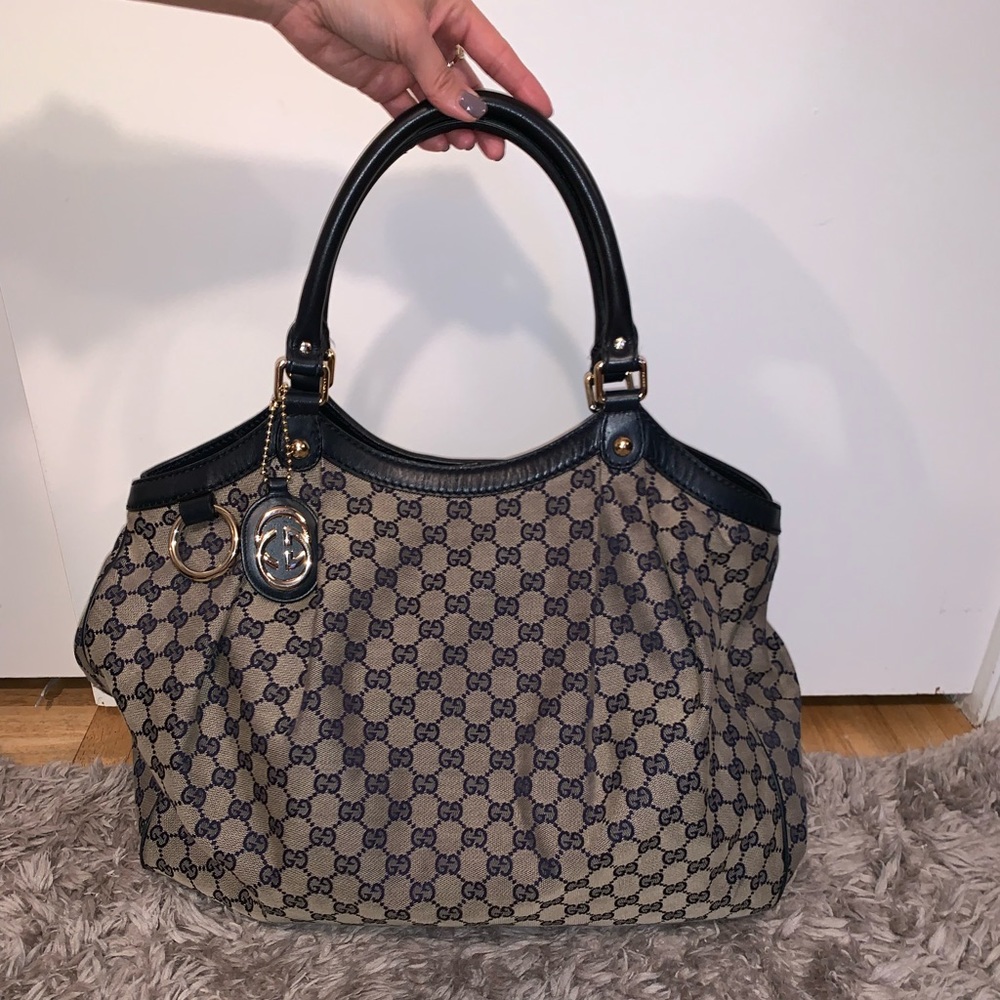 Gucci Large Beige and Navy Monogram Bag